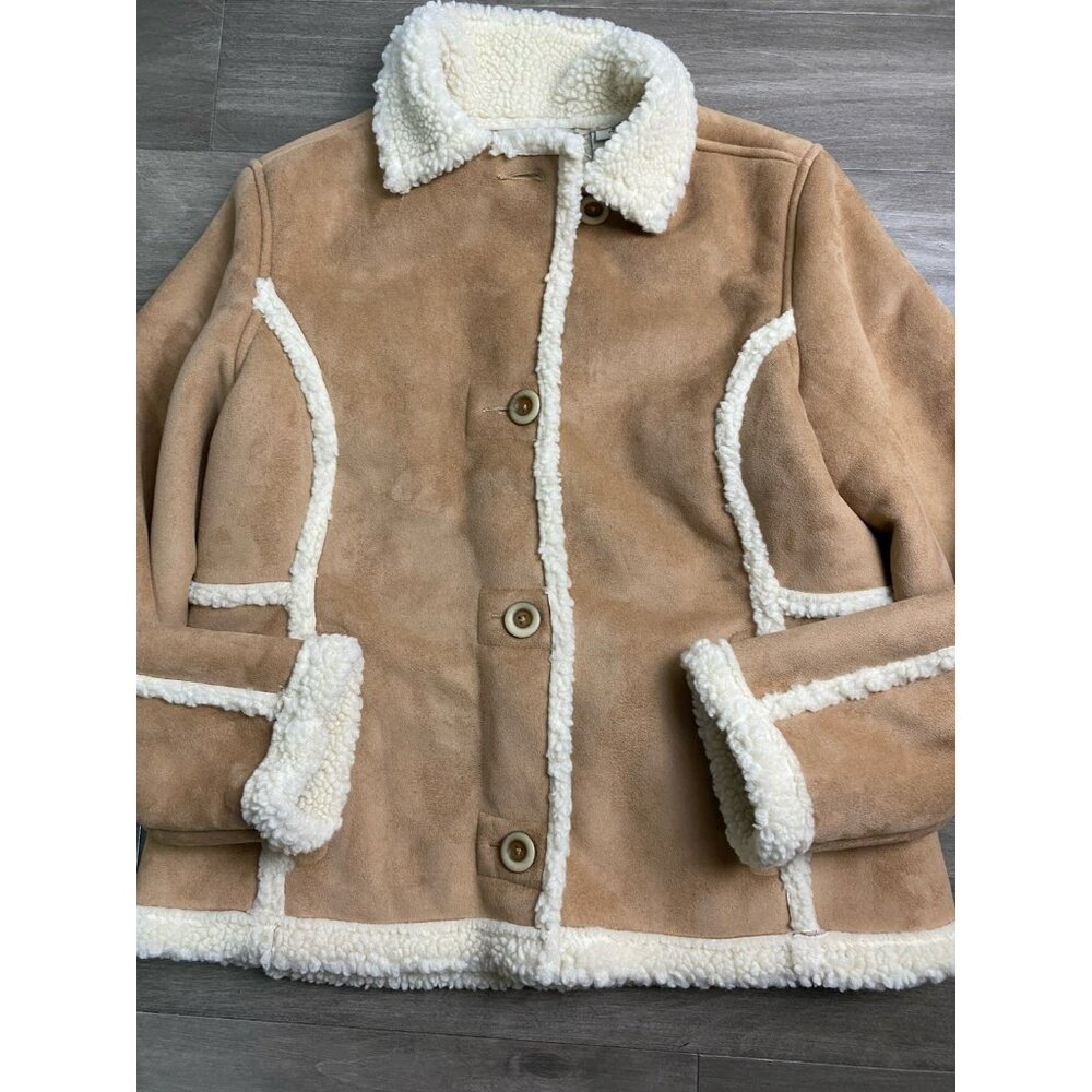 LL Bean Suede Sherpa Brown Tan Button Front Coat Women’s Size Small P Western